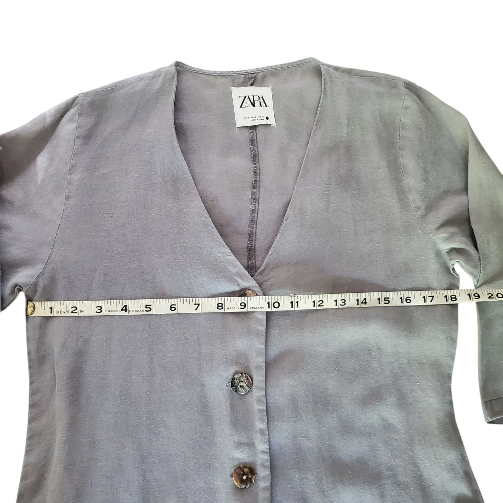 🔥ZARA Lillian Gray Linen ¾ Sleeve Button Front Vneck Lagenlook‎ Jumpsuit SZ S/M